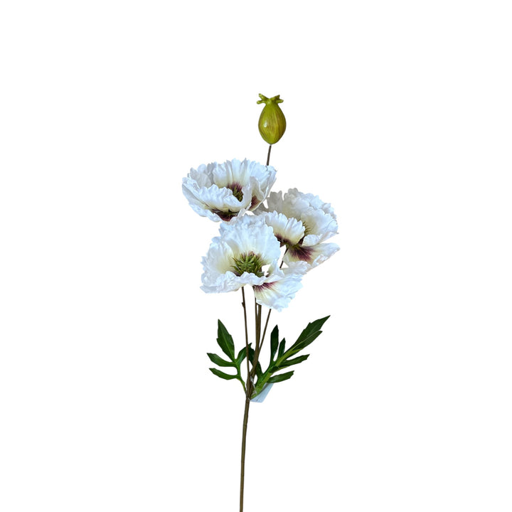Artificial flower arrangement with white flowers and green leaves on a white background