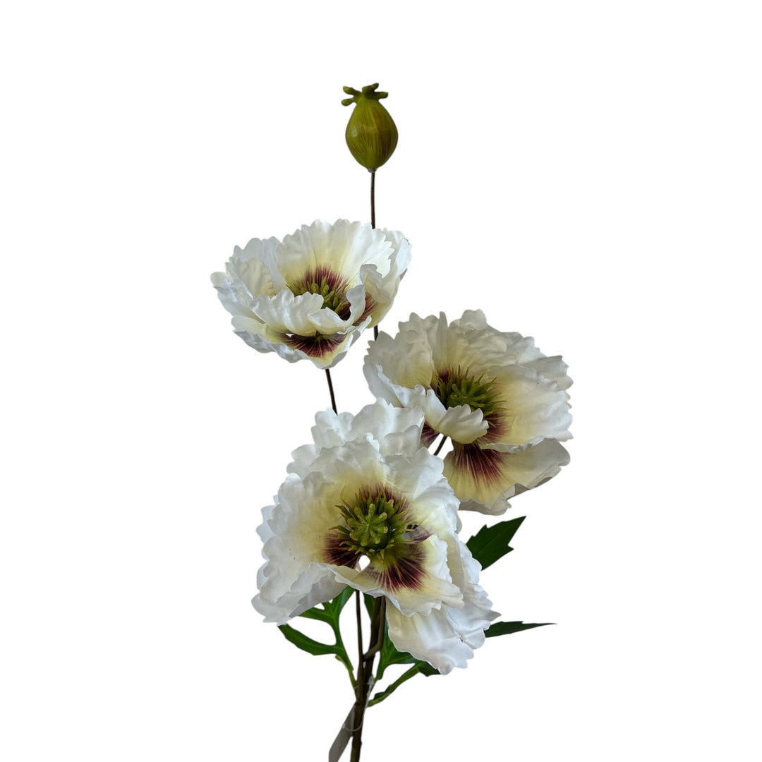 Artificial flower arrangement with white and green flowers on a white background