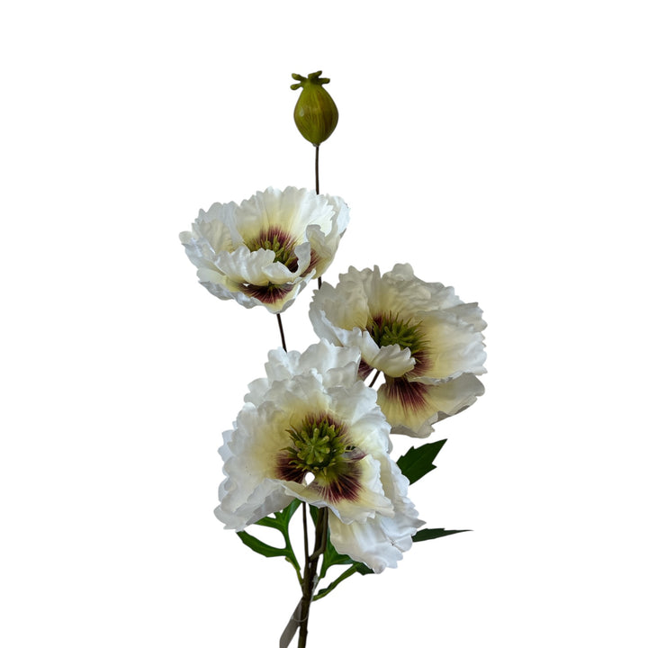 Artificial flower arrangement with white and green flowers on a white background