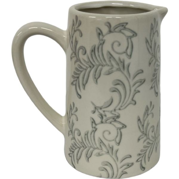 A gray stoneware jug with a floral pattern and a natural unglazed base.