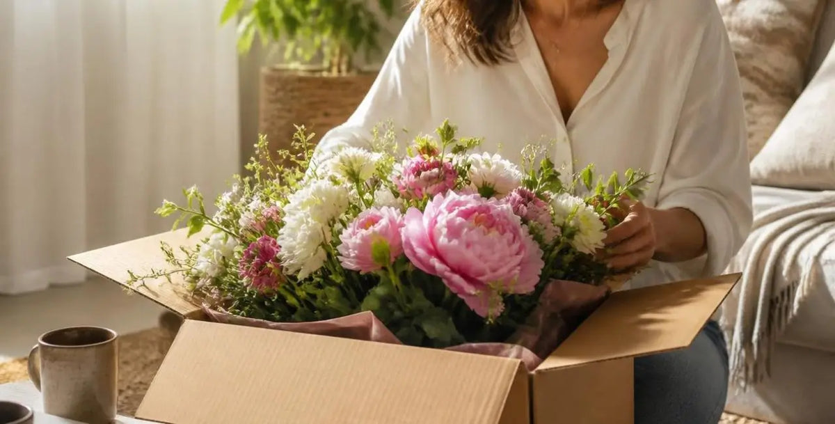 A person in a white blouse holds a large cardboard subscription box filled with a bouquet of pink and white flowers in a softly lit indoor setting.