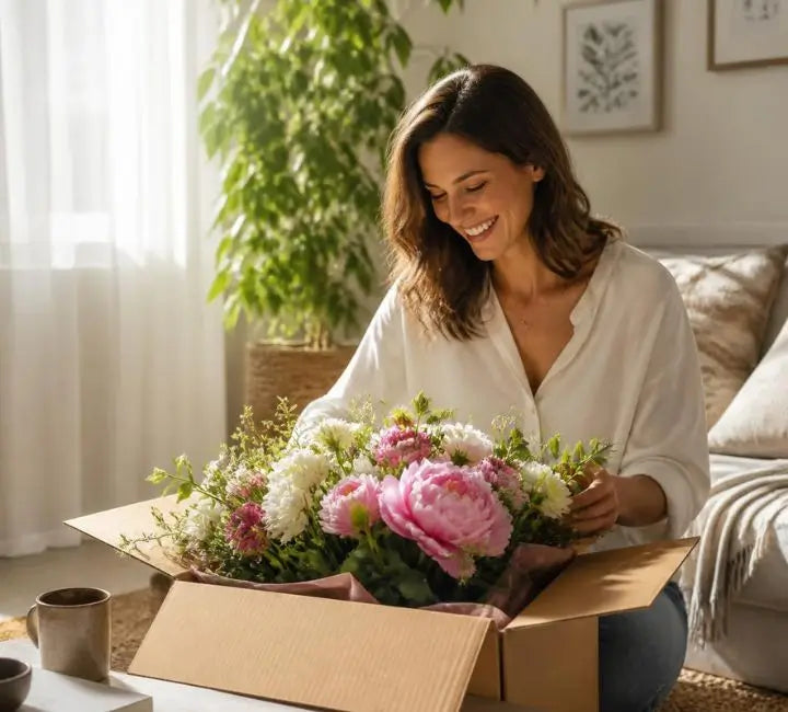A woman smiling while holding a large subscription box of fresh flowers, including pink peonies and white chrysanthemums, in a cozy, sunlit living room.