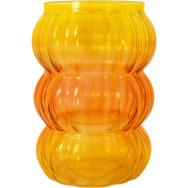 Orange glass vase with ribbed design on a white background