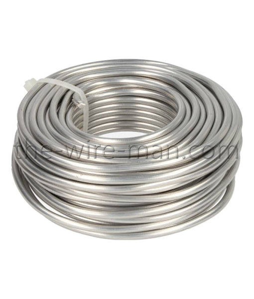 A spool of silver aluminium wire, 5mm in diameter and 1kg in weight, for floral arrangements and crafts.