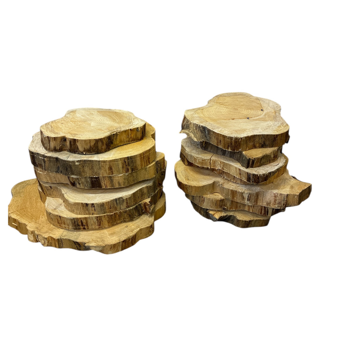 Set of wooden coasters with different sizes on a white background