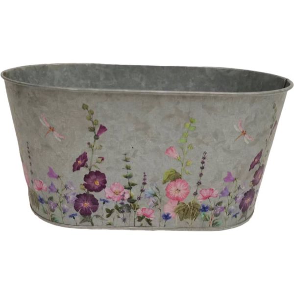 An oval-shaped zinc pot with a floral meadow design, featuring various flowers and butterflies.