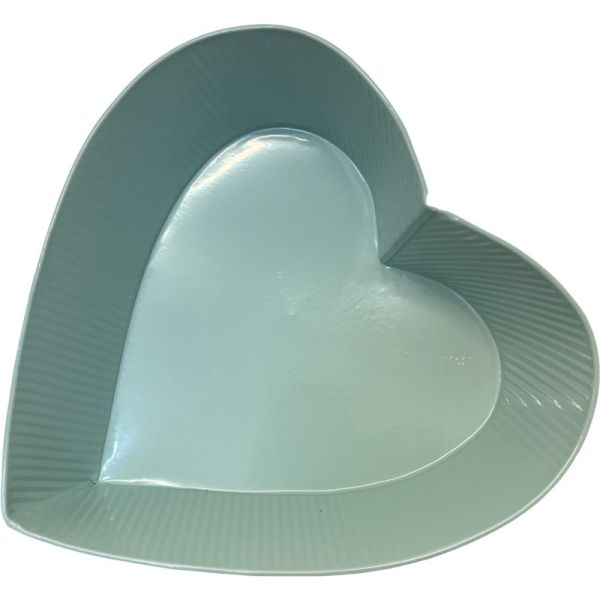 A heart-shaped, zinc-plated container with a ribbed texture, primarily in a duck egg blue color.