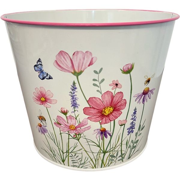 A round zinc pot with a floral design featuring pink, purple, and white flowers, and butterflies.