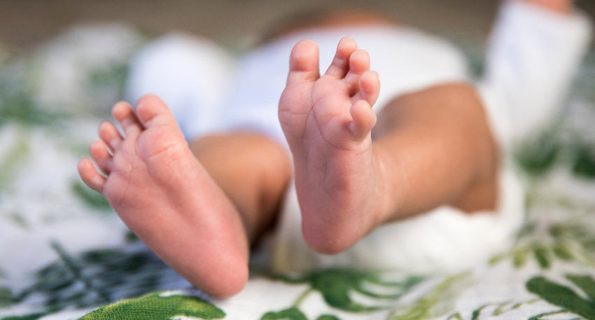 Close-up of a baby's bare feet resting on a white blanket with a green tropical leaf pattern.