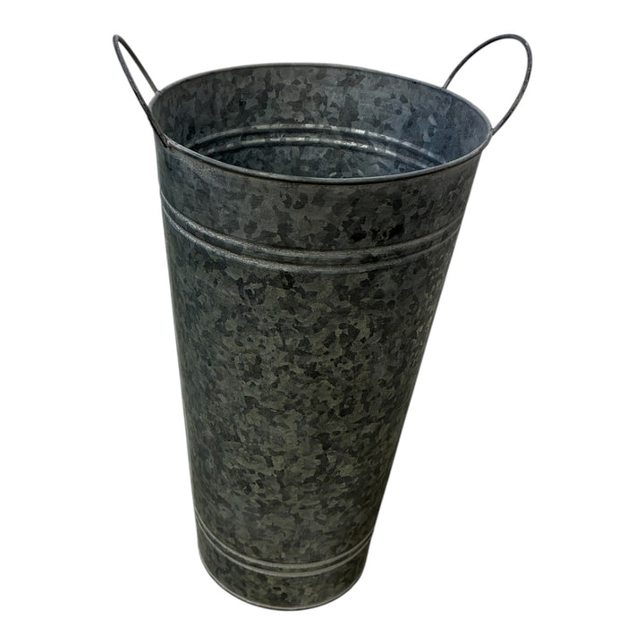 A 36cm tall Balmoral zinc flower vase with a rustic metal finish standing against a plain background.