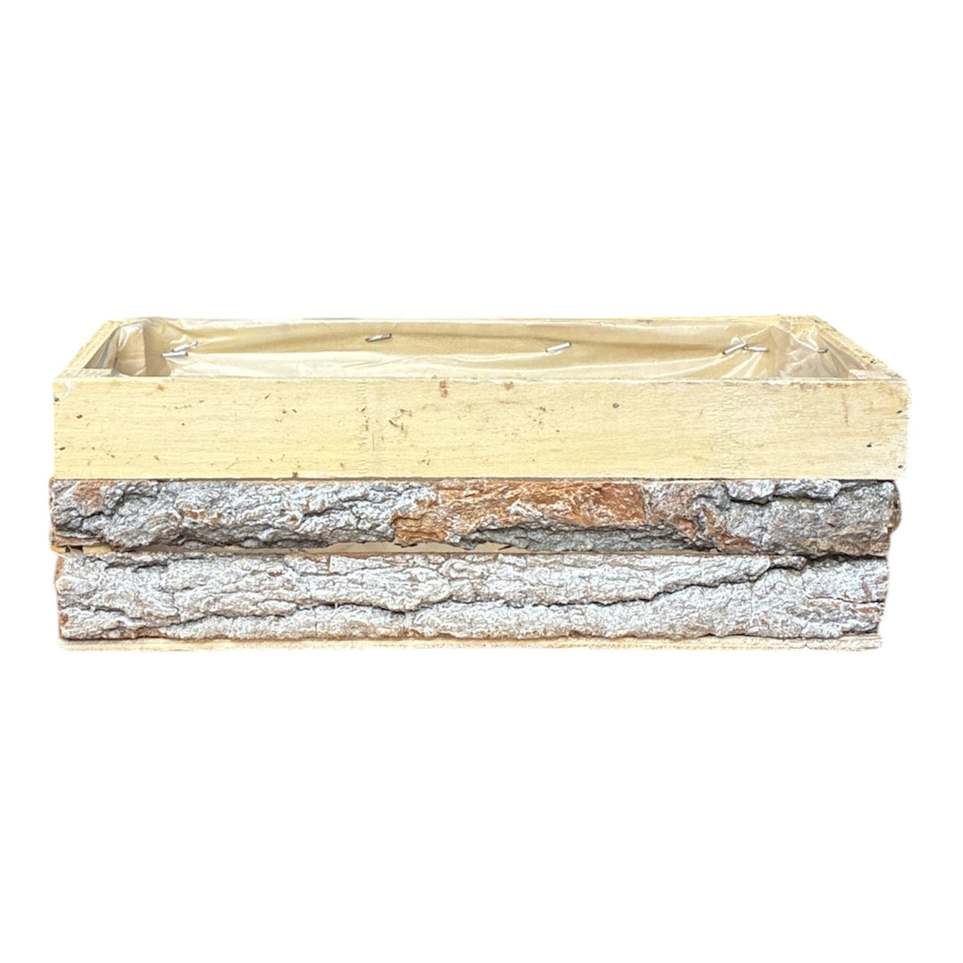 Natural rustic bark trough container measuring 30 x 12 x 10cm for florist table centrepieces.