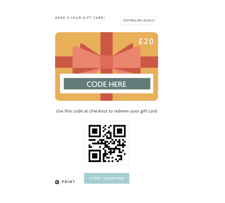 Evolve Flowers web page displaying a £20 GBP British Flowers Direct digital gift voucher with expiry date and redemption button.