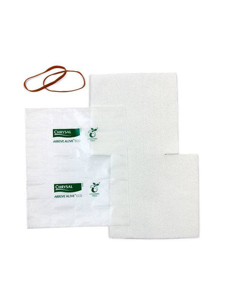 The contents of our best-selling Chrysal Arrive Alive Eco Flower Wrap Kit 50 displayed together, including the biodegradable wraps, eco bags, natural rubber bands, and the how-to leaflet.