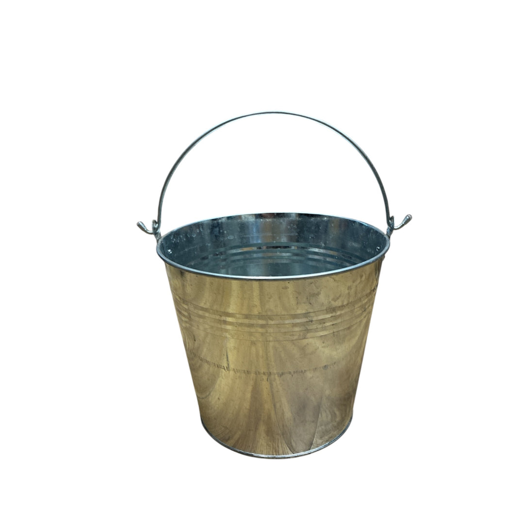 12 litre galvanised steel flower bucket with wooden handle grip, isolated on clean neutral background