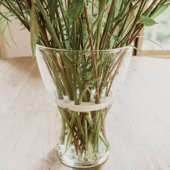 A clear glass vase with a white circular band in the middle, filled with green and brown plant stems, set on a light wooden table.