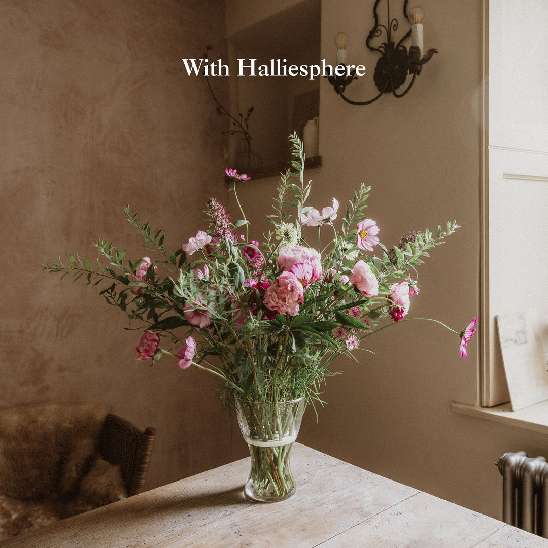 Flower arrangement with Halliesphere showing structured, upright, lush floral positioning and balanced stem support