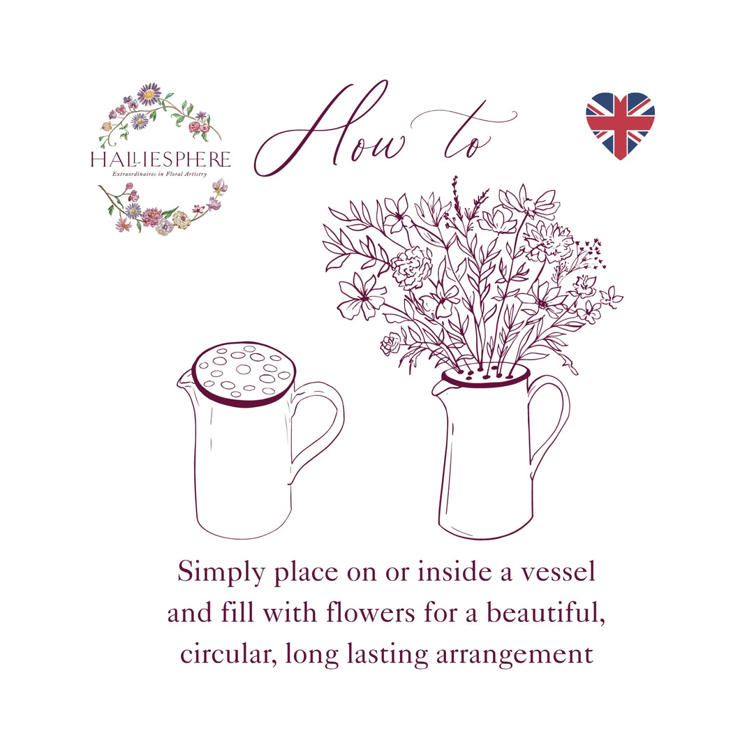 Illustration showing how to place the Halliesphere arranger on or inside a jug or vase to create a long-lasting circular floral arrangement.