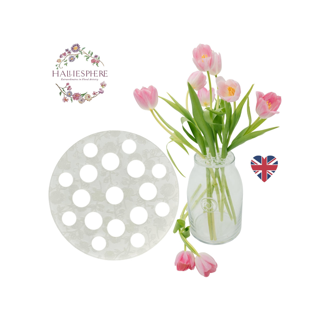 Classic White Halliesphere 10cm Eco Flower Arranger graphic with pink tulips in a glass vase showing upright stem placement.