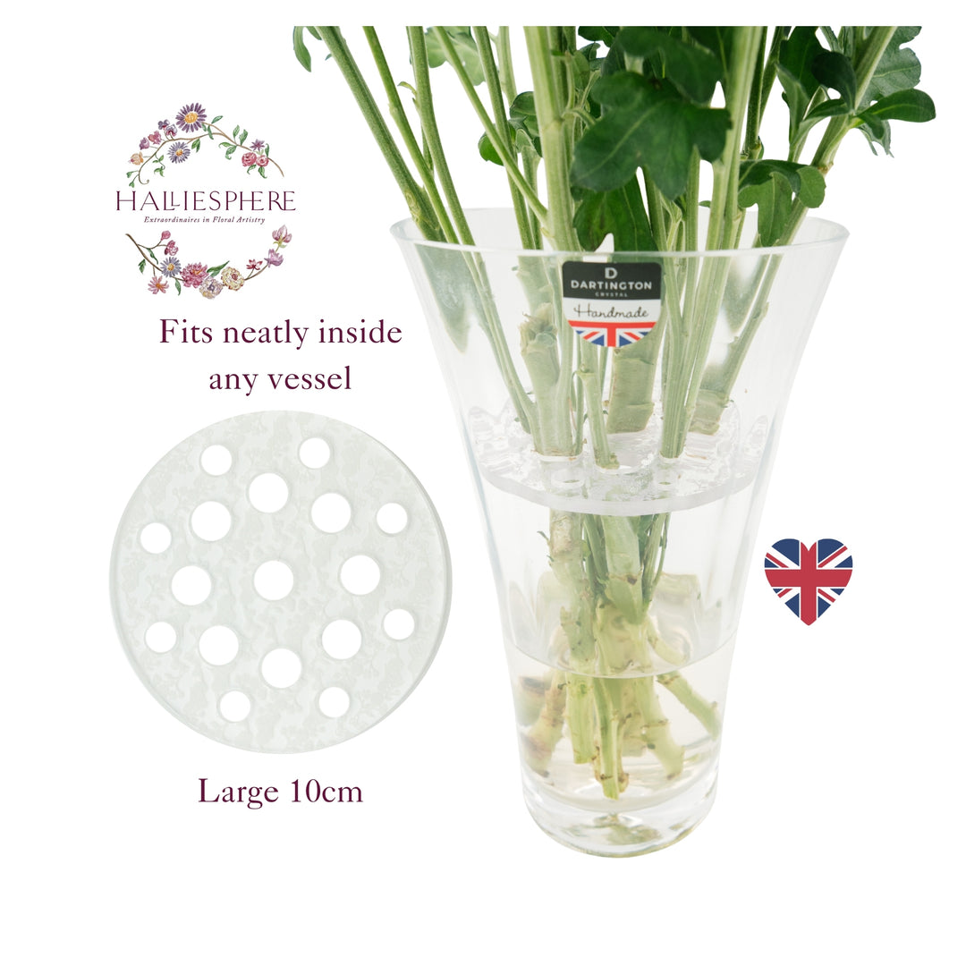 Diagram demonstrating how the Large 10cm Halliesphere Eco Flower Arranger fits neatly inside glass vases to support flower stems.