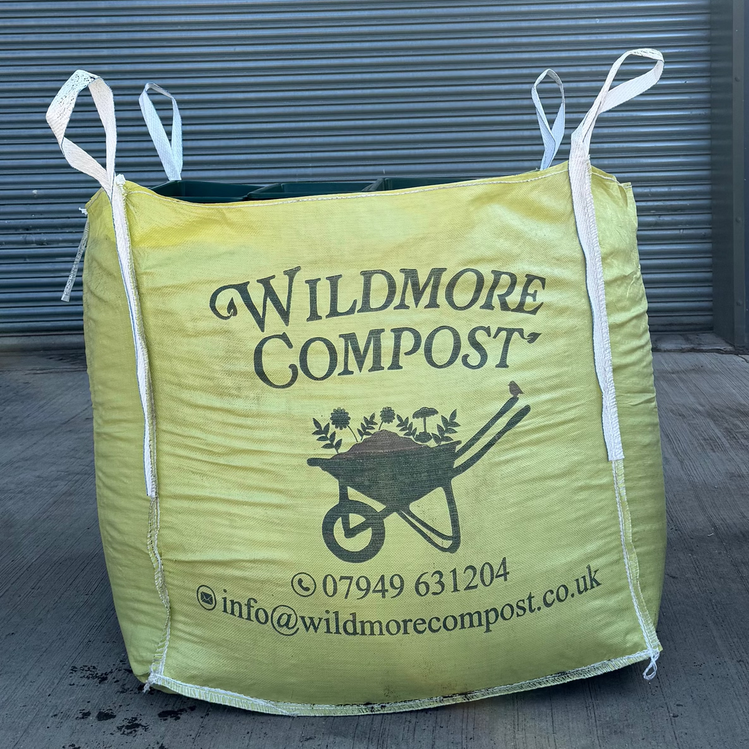 Large 1000 litre bulk bag of peat-free soil improver and mulch ready for garden delivery.