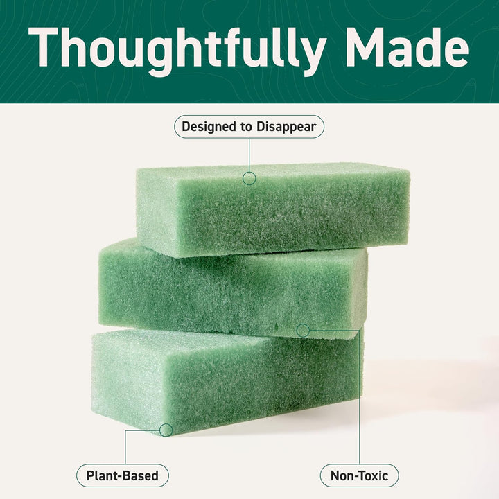 Three stacked green Phoam floral foam blocks highlighting plant-based and non-toxic materials designed to disappear.