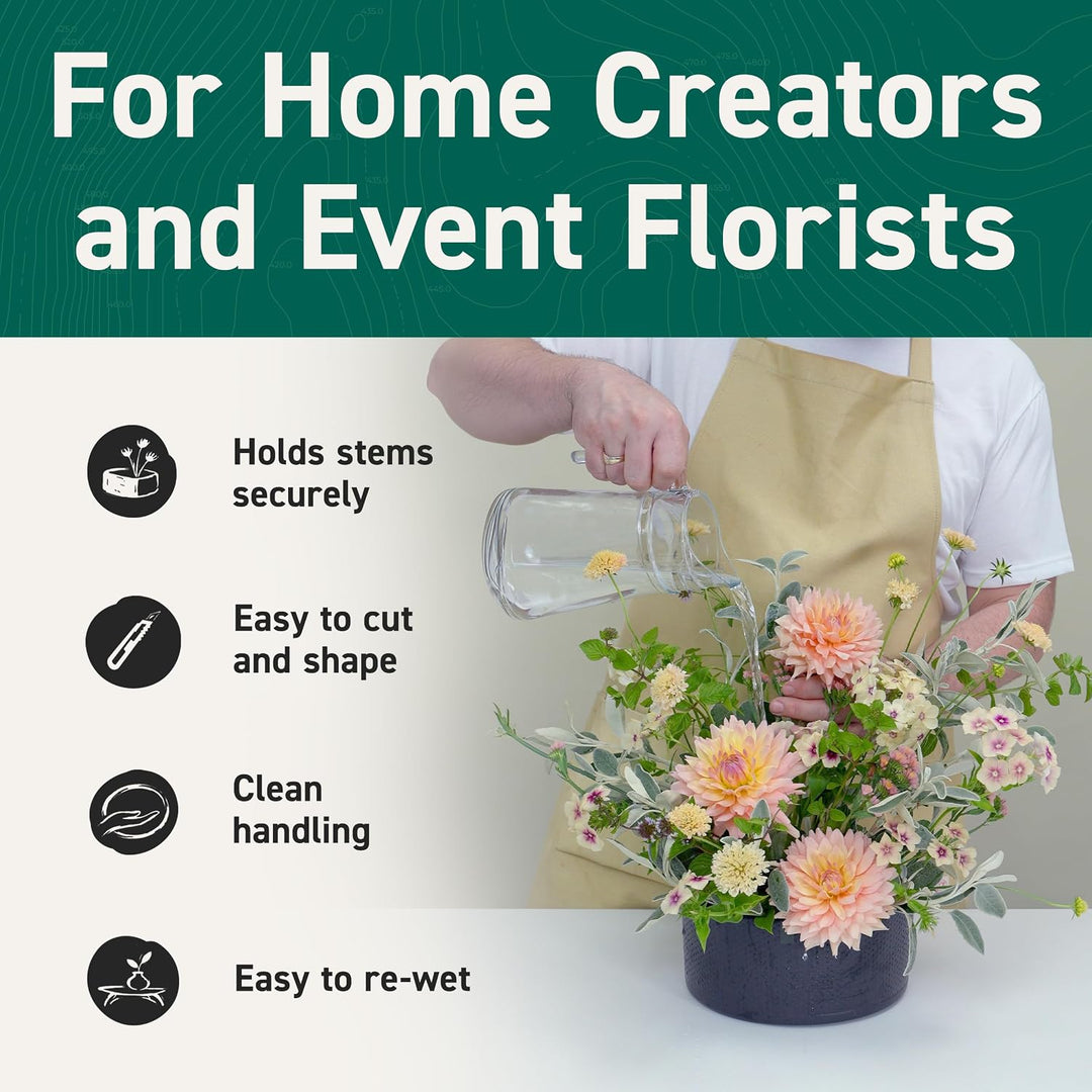Watering a fresh pink flower arrangement built with Phoam floral foam, suitable for home creators and event florists.