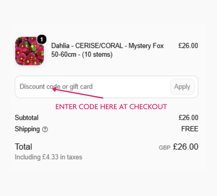 hopify checkout order summary highlighting the discount code and gift card redemption input box for fresh flowers.