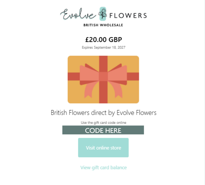Digital gift card notification email layout showing a £20 gift voucher graphic, redemption code field, QR code, and expiry date.