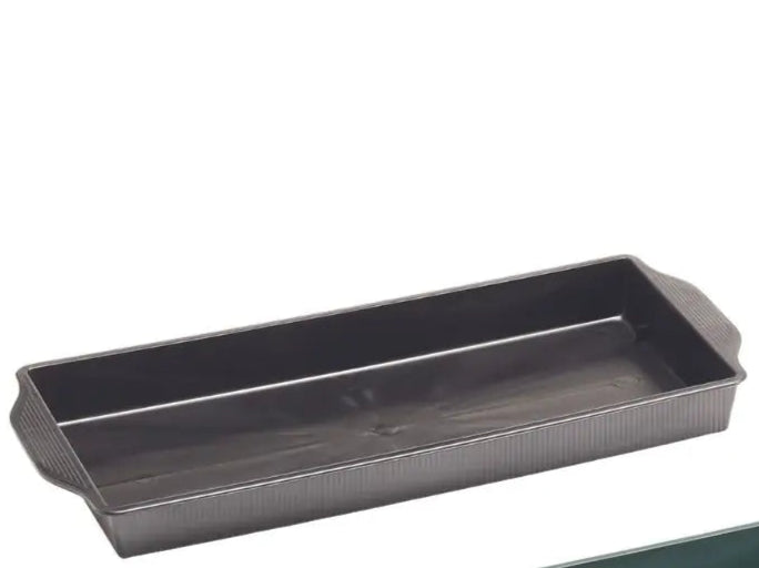A black, rectangular plastic tray with a shallow reservoir, designed for use with floral foam.