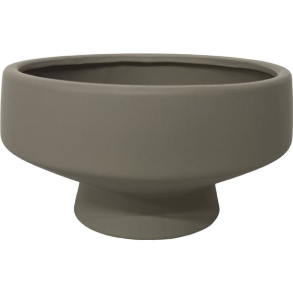 Neutral grey stoneware footed bowl with a smooth matte glaze finish and elevated pedestal base shown against a plain studio background.