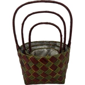 Set of three green and burgundy round woven baskets with handles, perfect for seasonal floral arrangements, gifts, and decorative displays.
