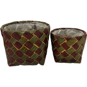 Set of two green and burgundy woven pot covers, perfect for Christmas floral arrangements, plant displays, and seasonal decorative styling.