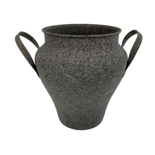 A dark gray speckled ceramic vase with two loop handles, shown against a plain white background.