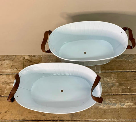 Zinc Oval White Powder Coated Planter with hole in base with PU Handles