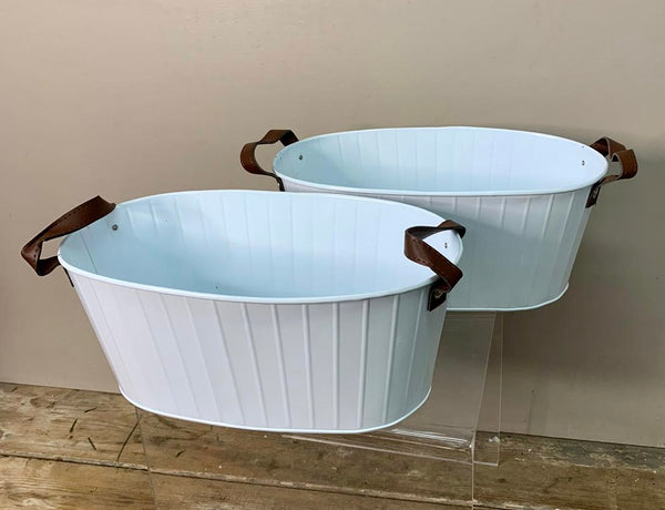 Zinc Oval White Powder Coated Planter with hole in base with PU Handles