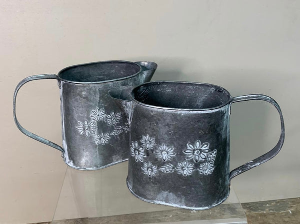 Zinc - White washed grey with handle and embossed flower design
