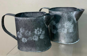Zinc - White washed grey with handle and embossed flower design