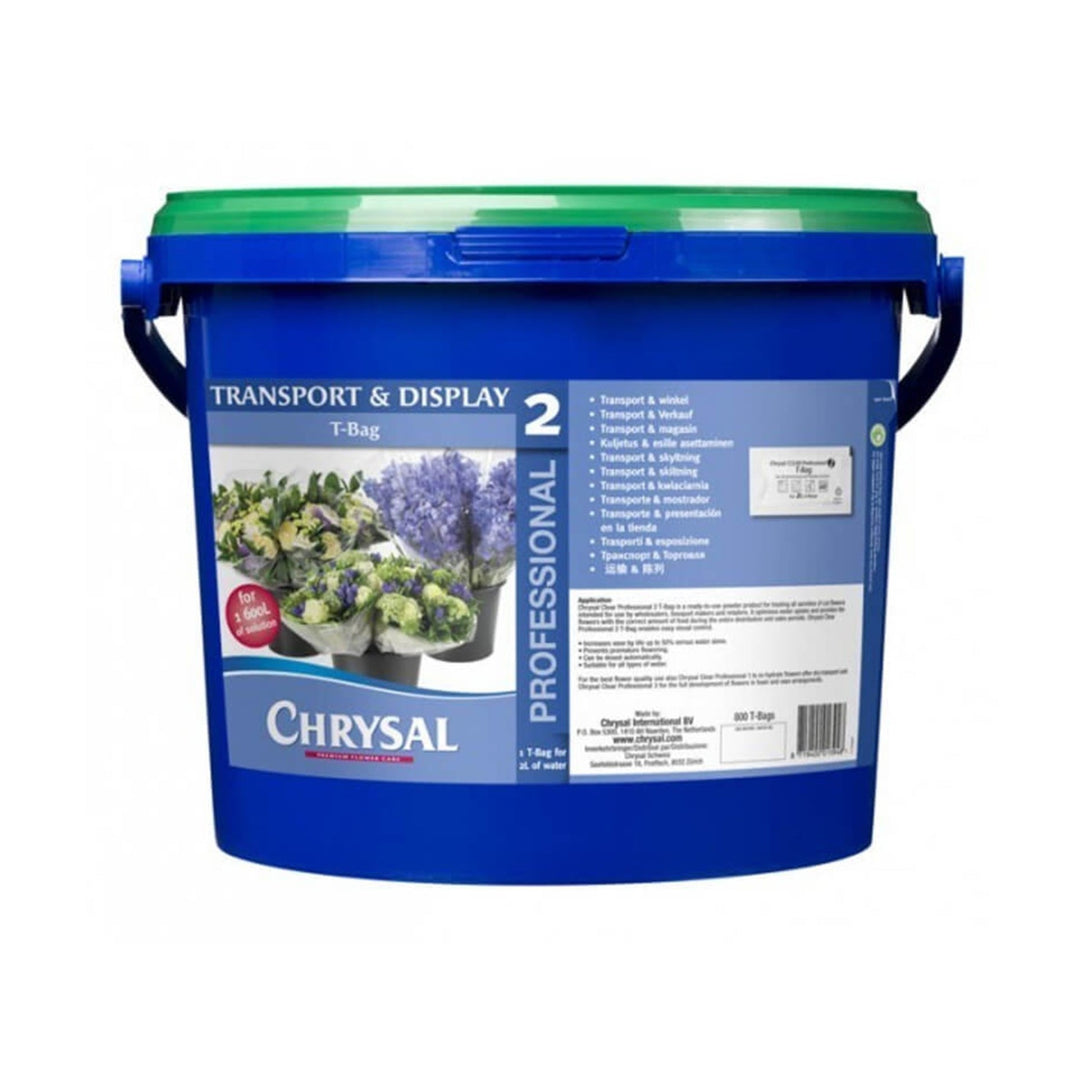 A blue bucket with a green lid labeled 'Chrysal Professional 2' containing information about the product, including usage instructions and flower compatibility.