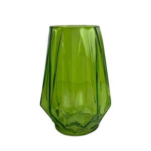 A green, glass Manhattan vase with a geometric pattern, standing 17.7cm tall and 12.6cm in diameter.