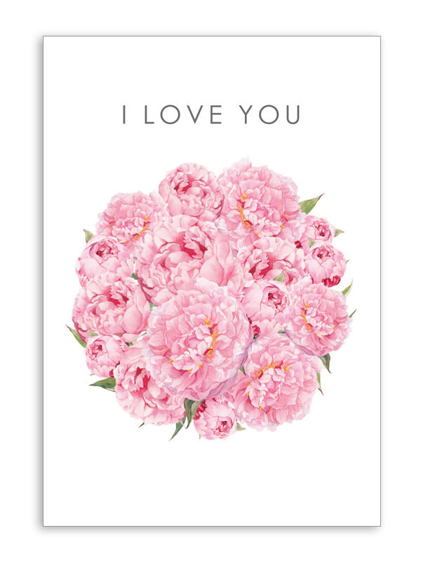 A folded greeting card with a floral design and the text 'I LOVE YOU' on the front