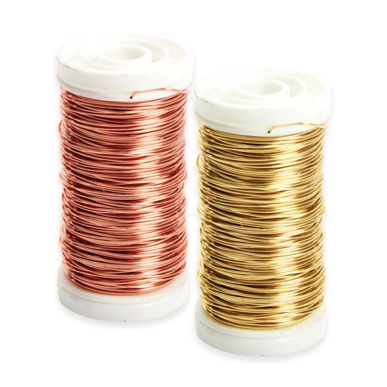 Two reels of floral wire, one with copper coloring and the other with gold, presented against a white background.