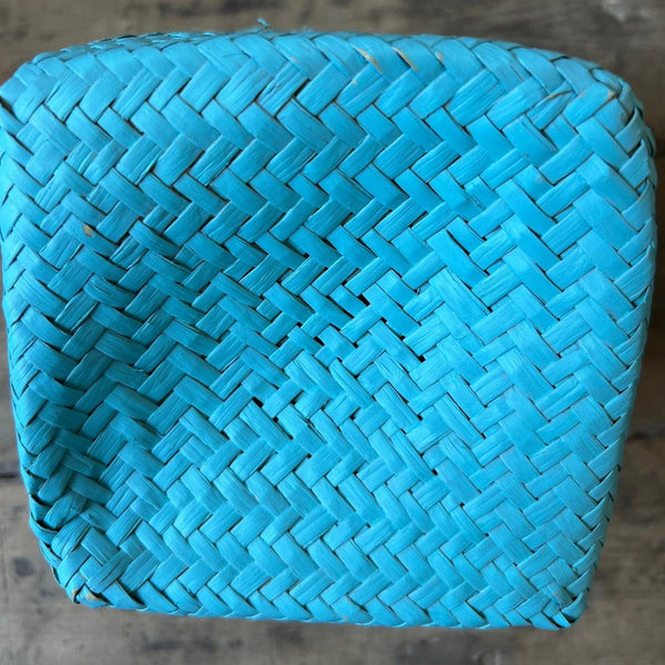 Basket - Rigid Square lined with handles aqua and natural