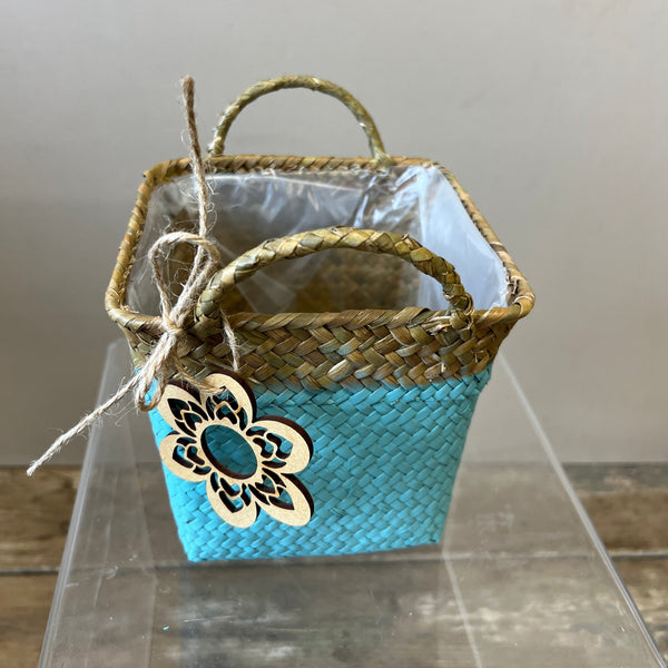Basket - Rigid Square lined with handles aqua and natural