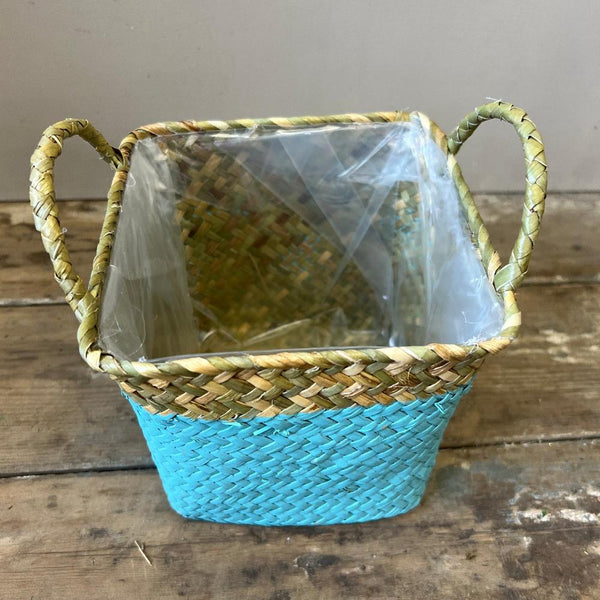 Basket - Rigid Square lined with handles aqua and natural