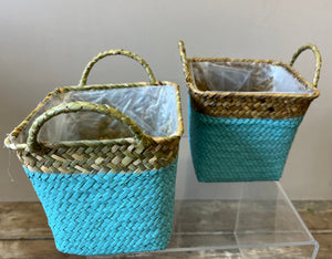 Basket - Rigid Square lined with handles aqua and natural