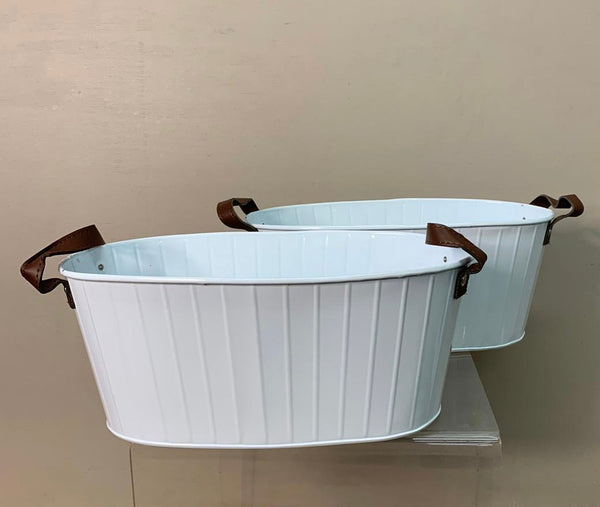 Zinc Oval White Powder Coated Planter with hole in base with PU Handles